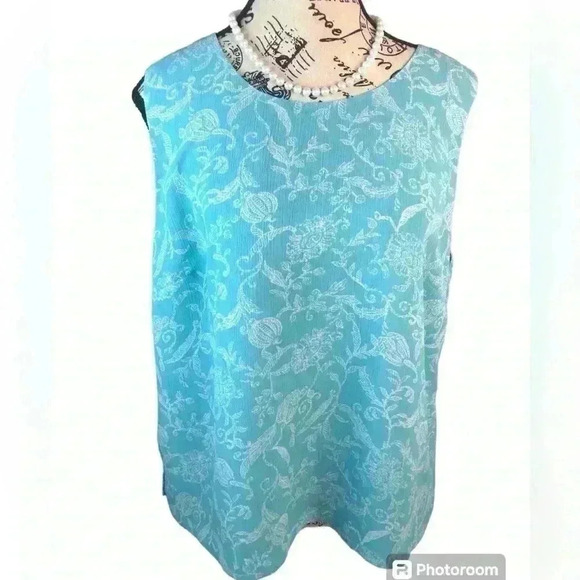 Appleseeds Womens size 14 Turquoise Blue and White Floral Blouse Button Back - Picture 1 of 8